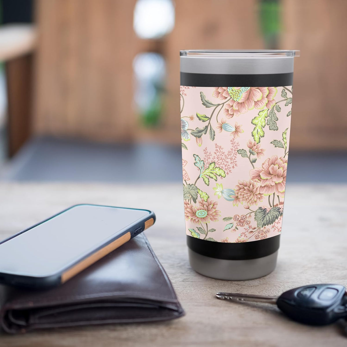 Japanese Flower Pattern Floral Asian Oriental Pattern Peach Stainless Steel Insulated Tumbler