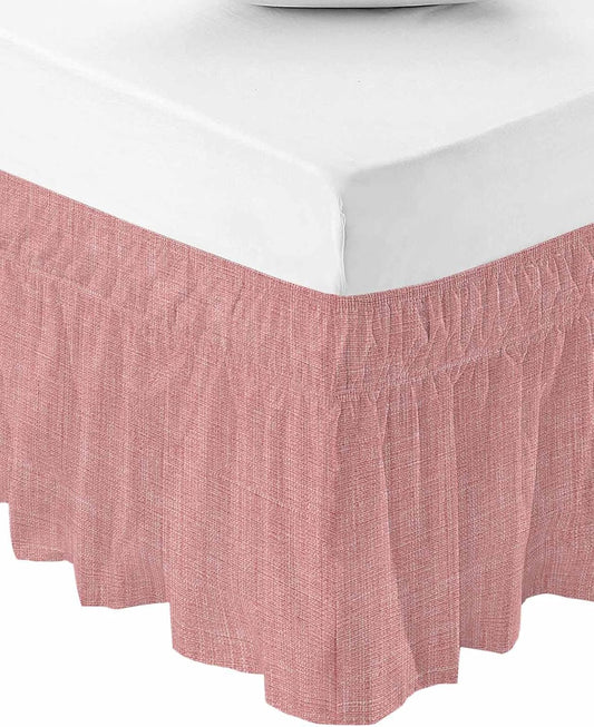Vintage Peach Pink Bed Skirt Queen Size 16 Inch Drop, Adjustable & Elastic Wrap Around Bed Skirts Dust Ruffles for Twin Full Queen Cal King Base Bed, Farmhouse Retro Solid Color Linen Texture