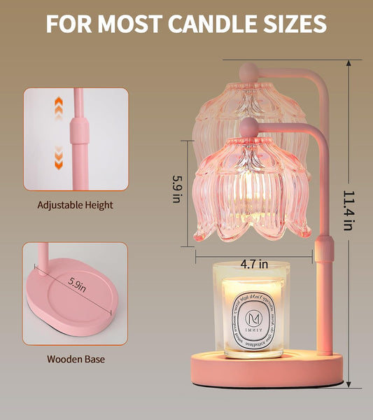 Pink Flower Candle Warmer Lamp with Timer Dimmer, Adjustable Height No Flame Wax Warmer for Jar Candles, Ideal Gifts for Mom Women, Housewarming New Home Bedroom Decor with 2 Bulbs