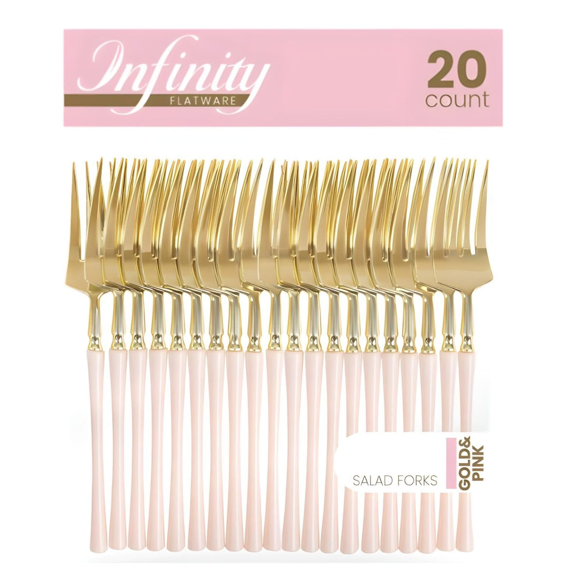 Infinity Flatware Gold & Pink Salad Forks - 20 Count | Luxurious Disposable Plastic Cutlery for Parties and Events
