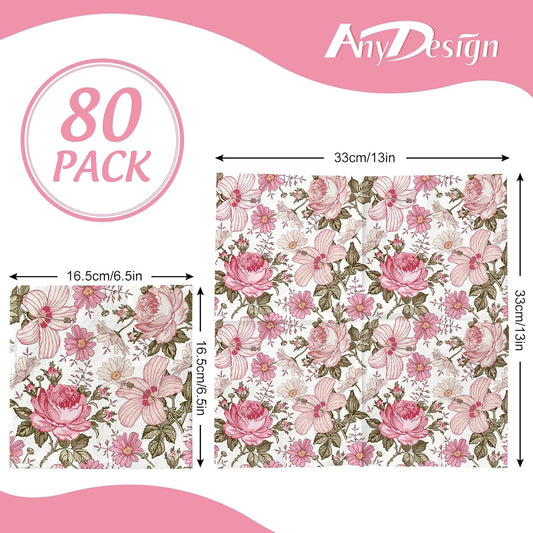 80 Pack Pink Floral Luncheon Napkins Spring Vintage Boho Flower Disposable Paper Napkin Decorative Retro Dessert Dinner Hand Napkin for Home Kitchen Bathroom