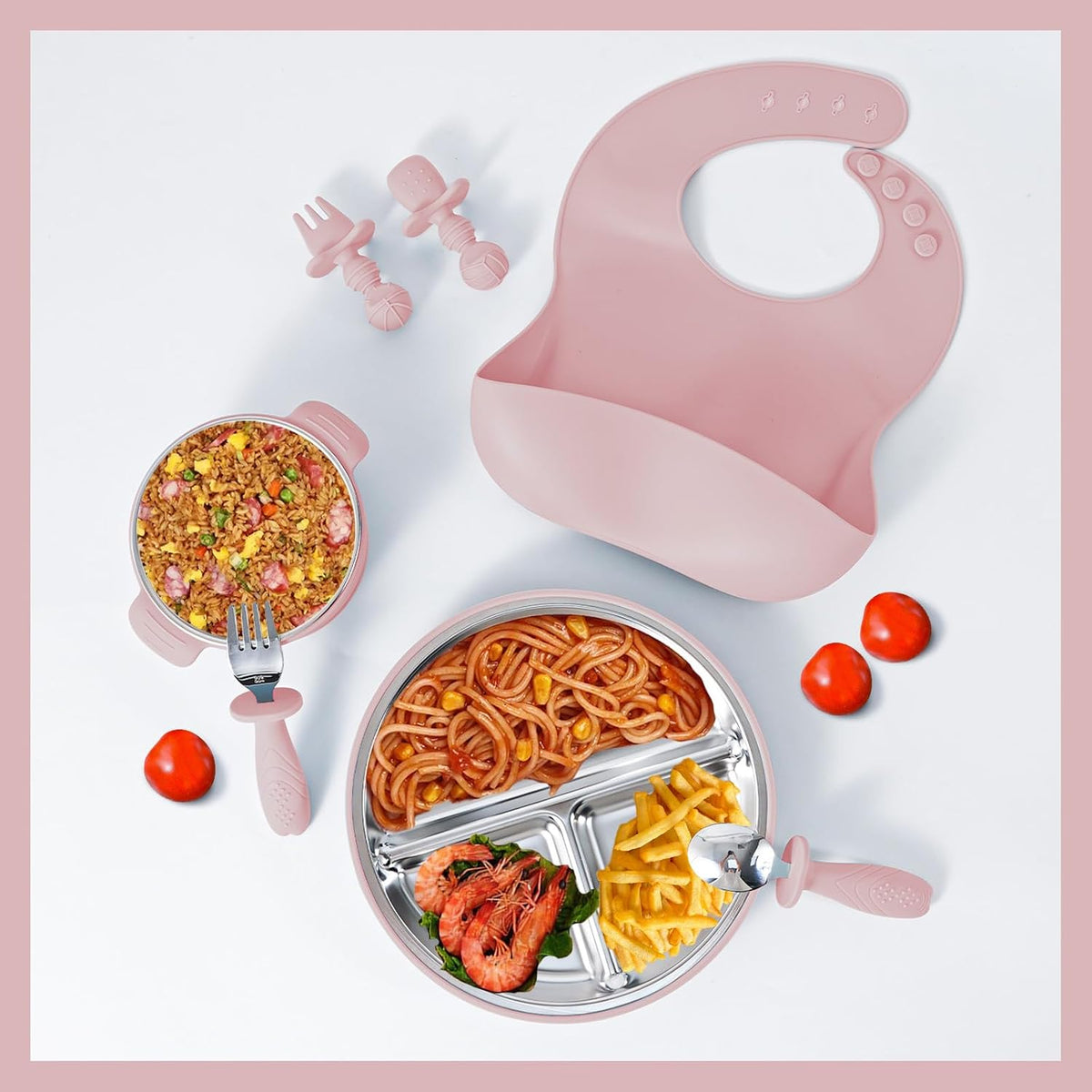 7 Pieces 304 Stainless Steel Baby & Toddler Feeding Set - Suction Divided Plates, Bowls, Silicone & Stainless Spoon Fork,Pocket Bib Unbreakable, Dishwasher Safe Kids Dinnerware Essentials (Pink)
