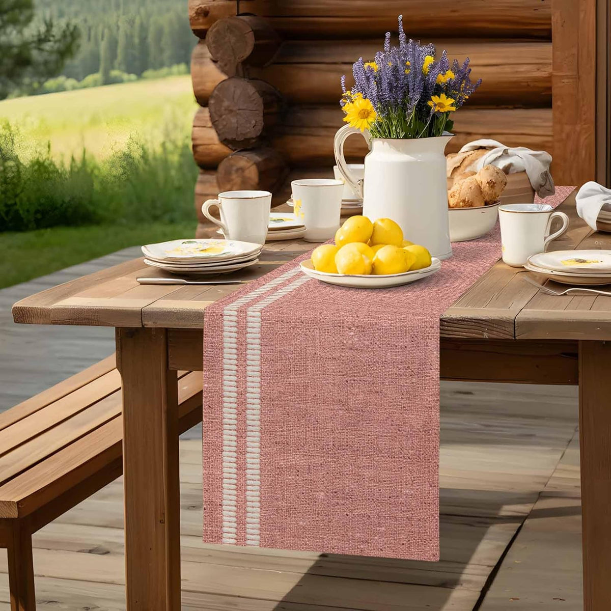 Peach Pink Texture Table Runner 48 Inches, Country Farmhouse Burlap Stripes Bed Runner Dresser Scarves Tabletop for Indoor Outdoor Parties/Ceremony/Banquet, 13 x 48