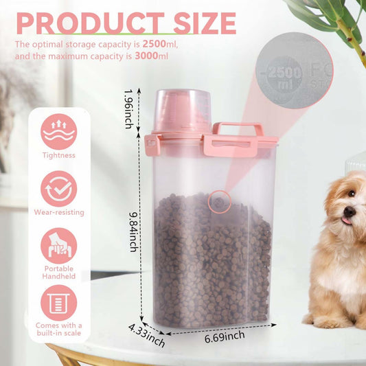 Pet Food Storage Container Bin 2.5 lb Portable BPA Free Cat Dog Food Storage Container Dispenser with Measuring Cup and Seal Buckle for Small Animal Kibble Bird Seed Oatmeal Rice Flour