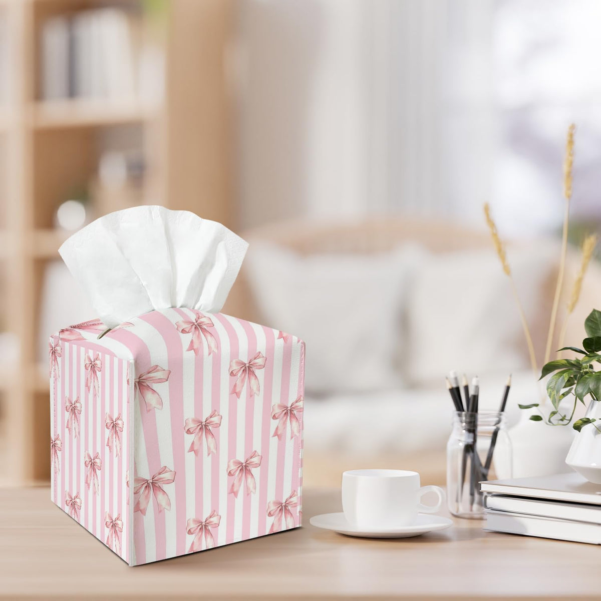 Pink Bow Stripes Leather Tissue Box Cover Square Tissue Holder for Car Livingroom Office Decor Ideal Gifts for Women Colleagues Family Sister Bestie Daughter Birthday Christmas Housewarming - YT0208