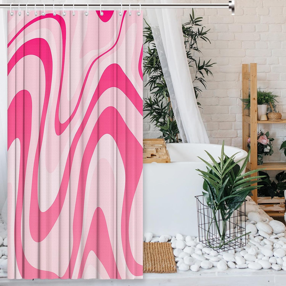 Pink Shower Curtain Cute Preppy Aesthetic 70S 80S Abstract Wavy Swirl Shower Curtain with 12 Hooks, Groovy Teen Girls Bathroom Accessories 72 * 72 Inches, Pink