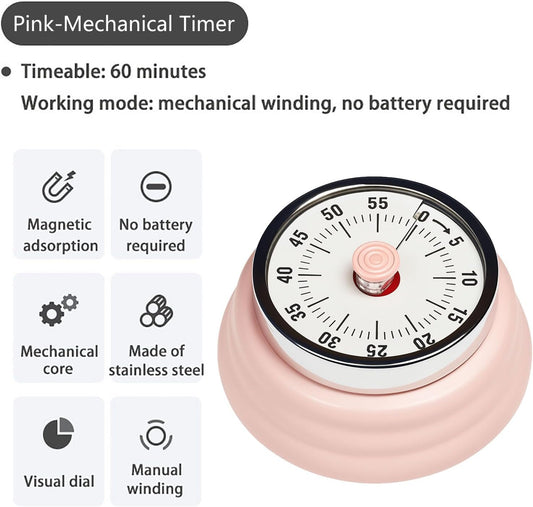 Elegant Stainless Steel Vintage Kitchen Timer with Magnetic Attachment - 60-Minute Countdown & Audible Alarm, Perfect for Cooking, Office Tasks, and Study Sessions (01-Pink)