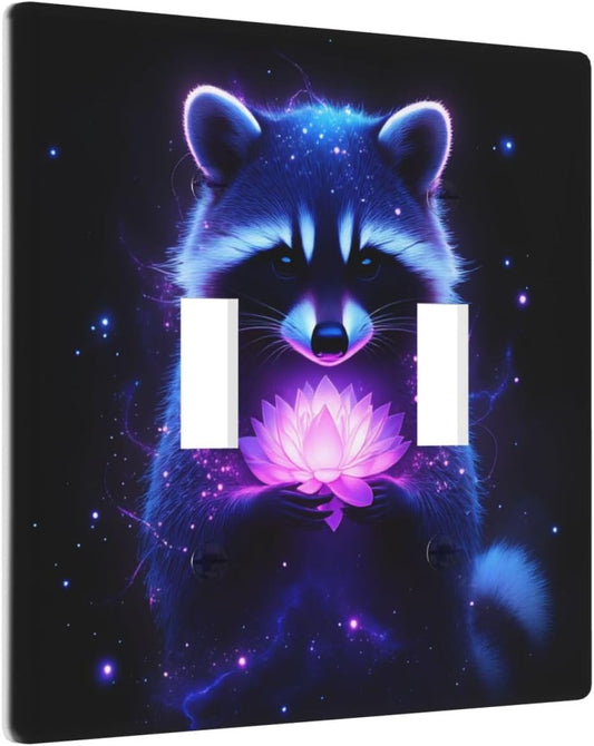 Raccoon Pink Lotus Double Toggle Light Switch Cover Plate Decorative Wall Plates, 2 Gang Switch Plates And Outlet Covers 4.5" X 4.5" For Bedroom Bathroom Kitchen Home Decor