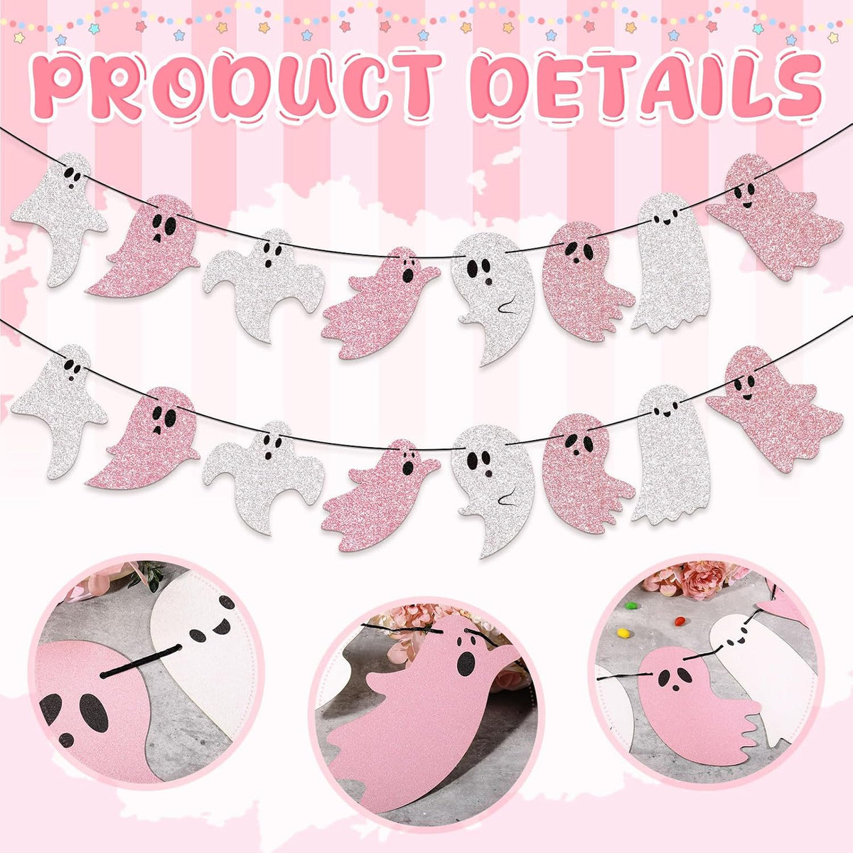 2 Pcs 8.2 ft Halloween Ghost Garland Banner, Pink White Glitter