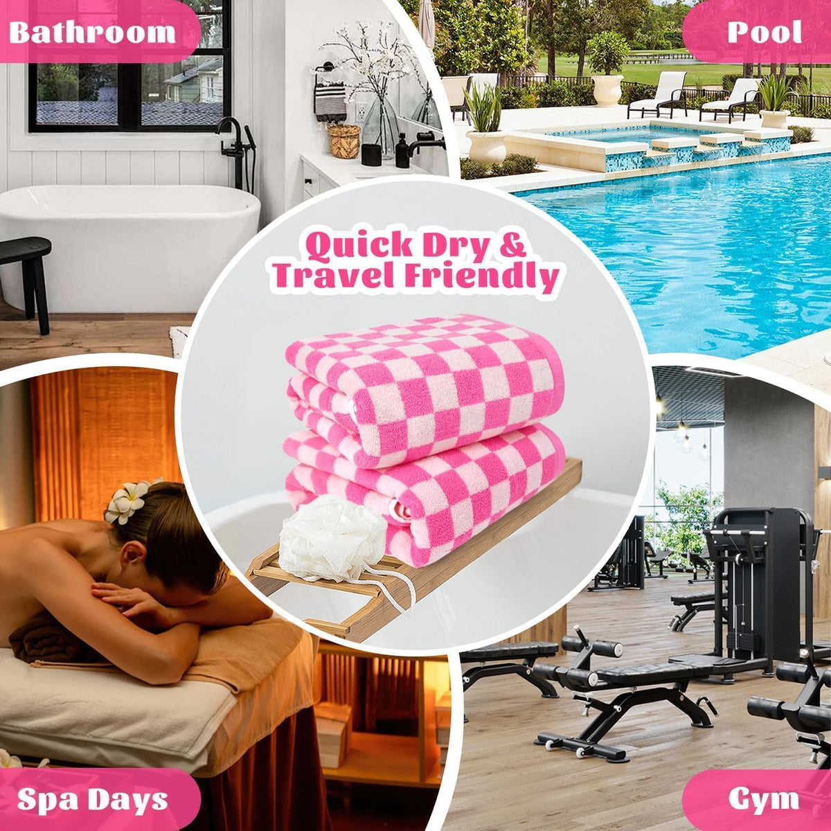 Hot-Pink Checkered Cotton Bath Towels Set of 2