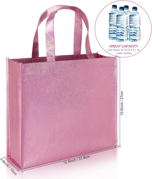 12 Large Gift Bags with Handles 12.6x3.9x10.6inch(Pink) Stylish Party Bags for Birthday Bachelorette Wedding Party Favor Bridal Shower Wrap, Reusable Goodie Bags, non-woven fabric