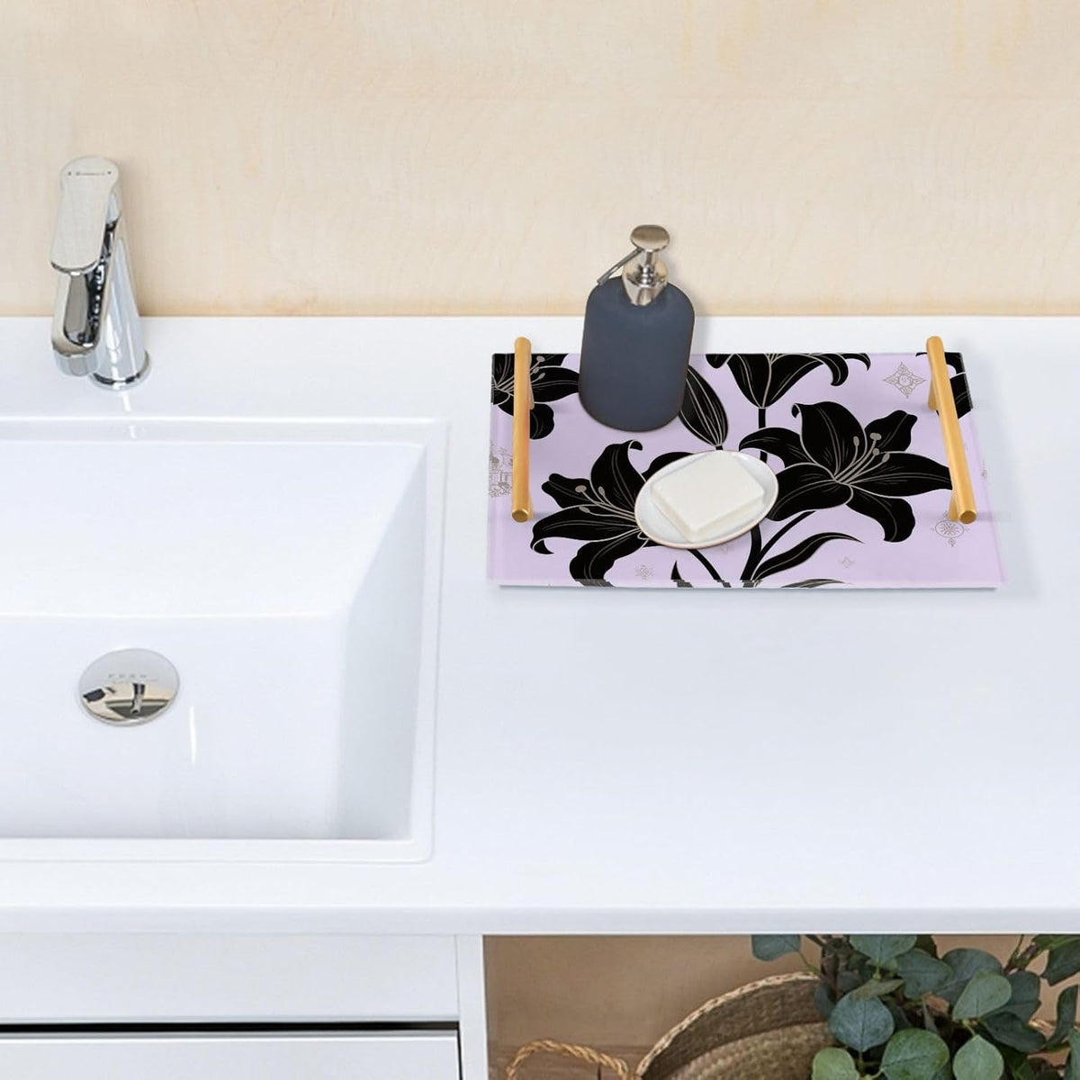 Retro Black Flower Light Pink Decorative Bar Tray with Handles Trays for Eating On for Jewelry Perfume for Drink Serving bandejas para servir comida en la cama