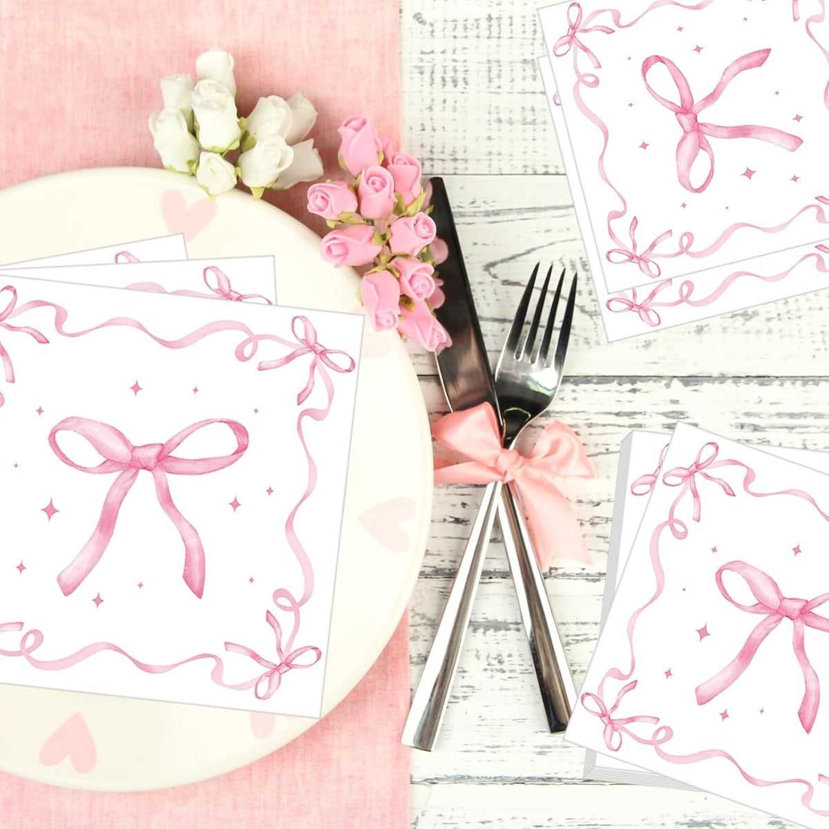 50 Pack Pink Ribbon Bow Paper Napkins, Disposable Coquette-Inspired Bow Cocktail Napkins for Girls Birthday, Sweetie-Soirées, Baby Shower, Bridal Shower, Bachelorette, and Tea Party Decorations
