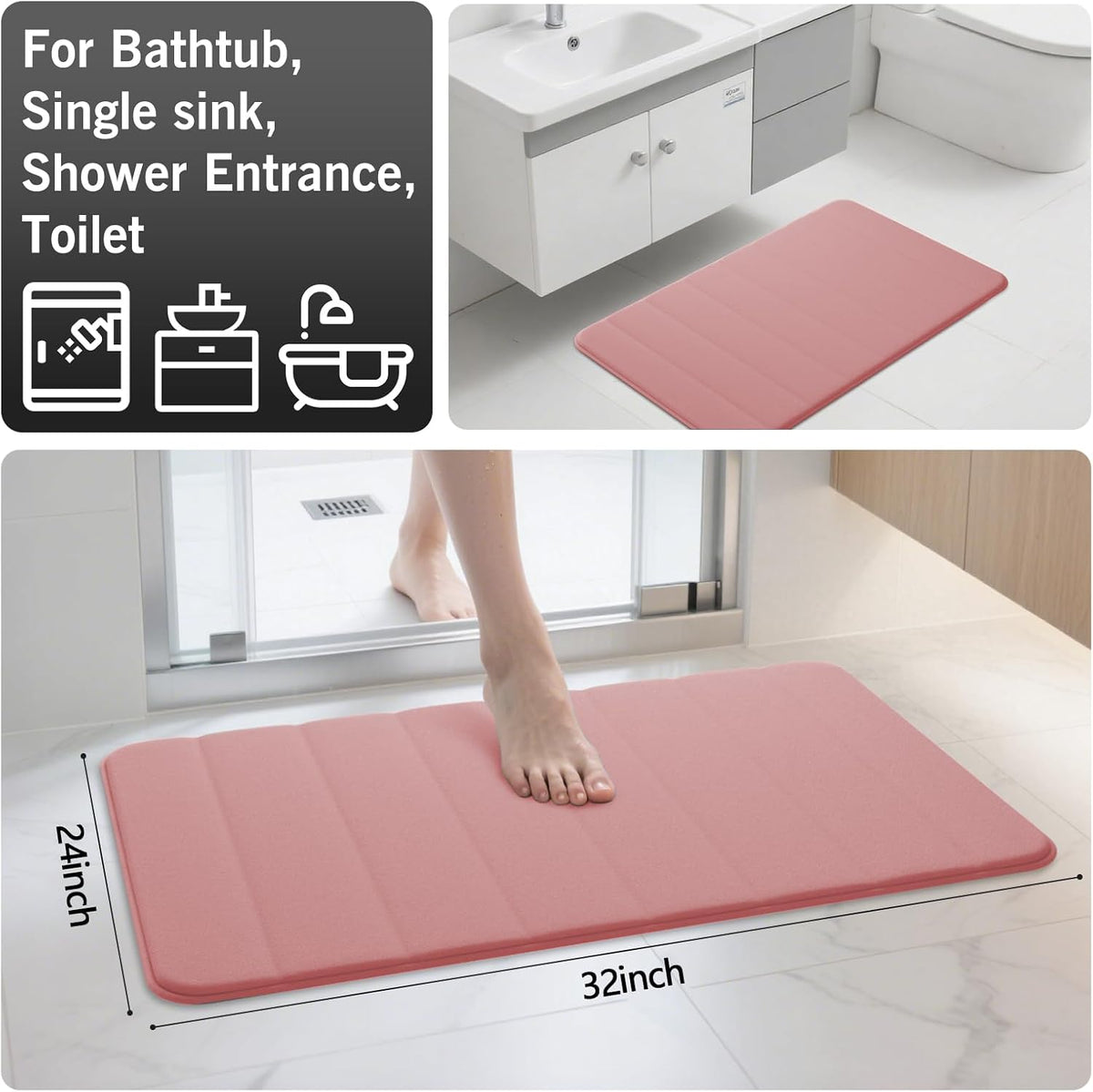 Bathroom Rugs Set 2 Piece Memory Foam Bath Rugs Non-Slip Bath Mat,Washable Room Mats,Absorbent Shaggy Rugs Super Soft Kitchen Mats, Batroom Carpets for Bathroom,Tub,Shower Home Decor(Coral Pink)
