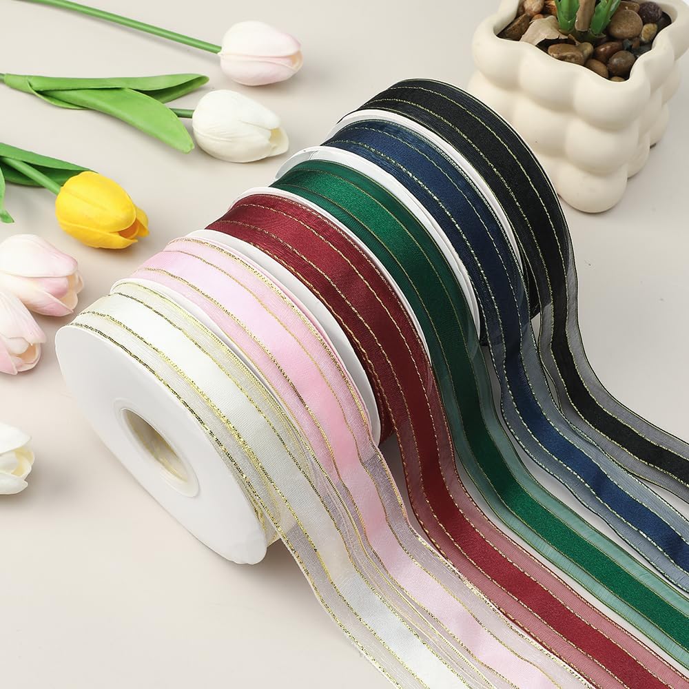 Pink Ribbon for Gift Wrapping 1 Inch 50 Yards Pink Sheer Christmas Organza Ribbon Gold Edge Chiffon Ribbons for Weeding Invitations Bridal Bouquet Valentines Baby Shower Decor Crafts Hair Bow