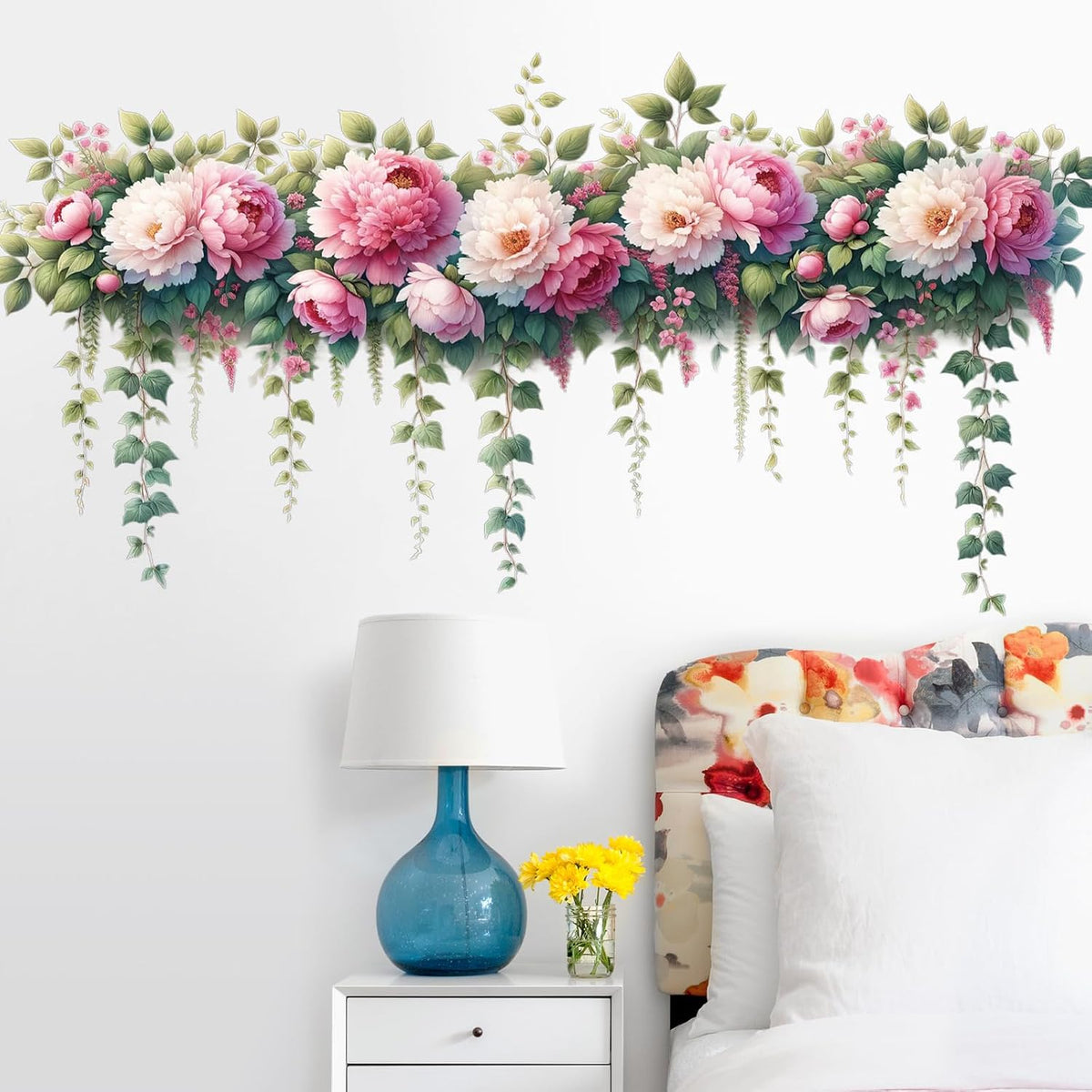 Removable DIY 3D Pink Peony Flower Wall Decals, Hanging Vine Vinyl Fresh Plant Green Leaves Art Decor for Girls Nursery Bedroom Living Room TV Background