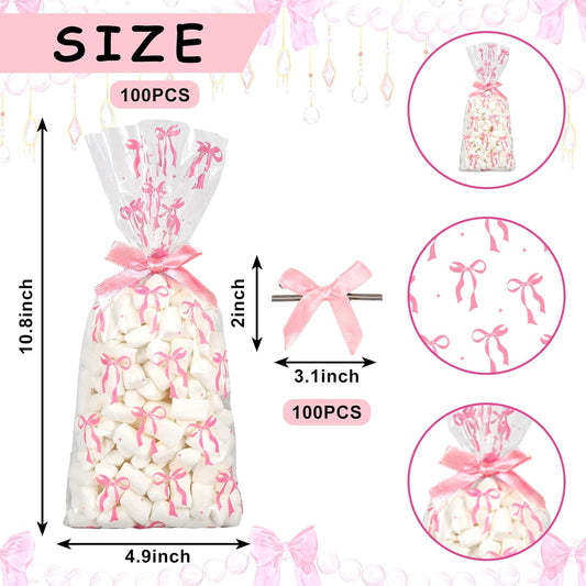 100Pcs Pink Bow Cellophane Bags with Ribbon Bows Clear Treat Bag Plastic Candy Goodie Bags for Coquette Birthday Wedding Party Snack Cookie Packing Supplies