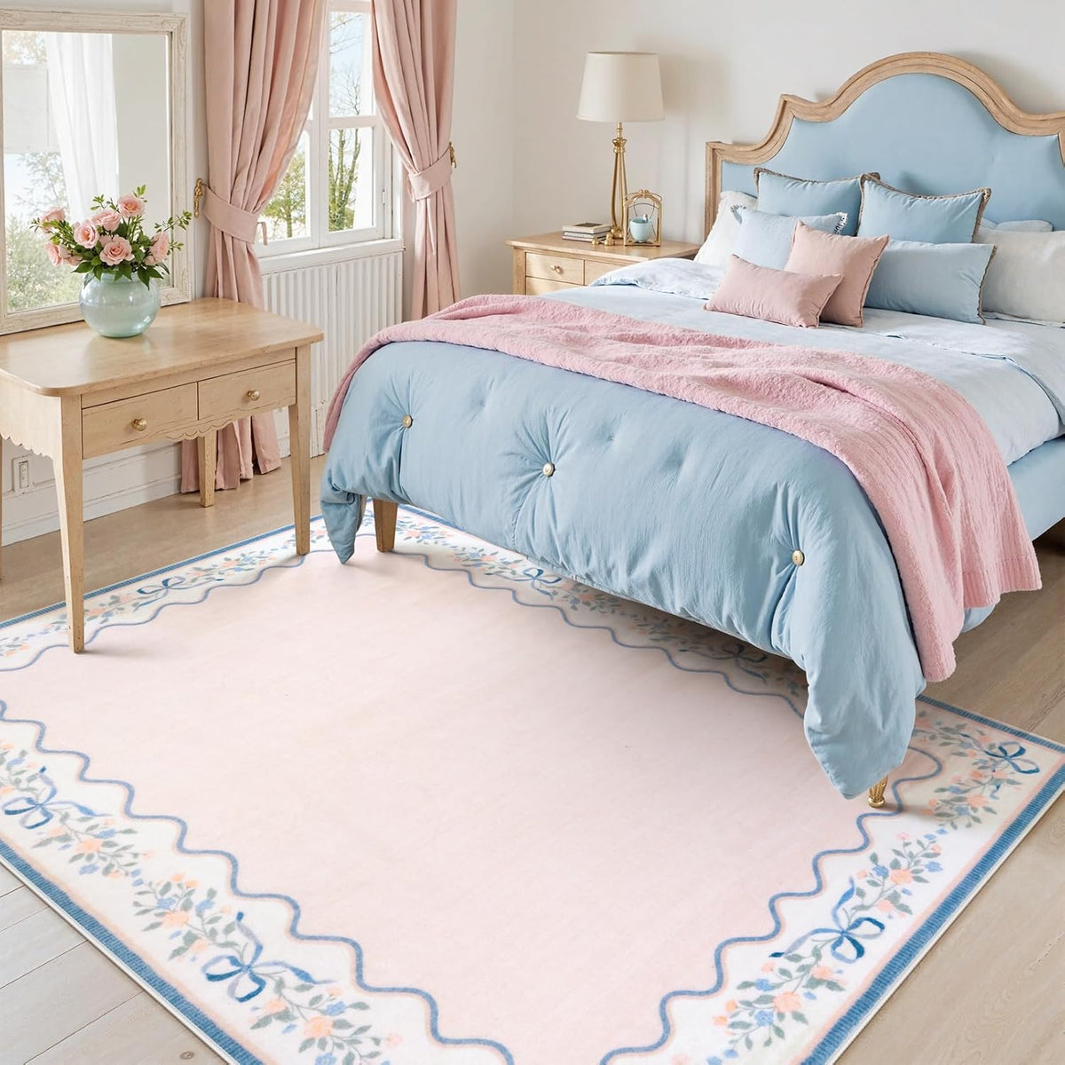 Pink and Blue Area Rug, 5x7 Pink Floral Rugs for Bedroom Girls Dorm