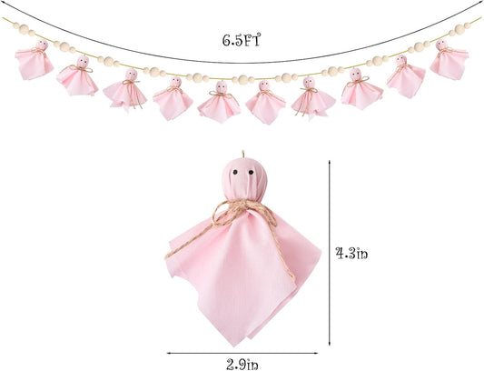 Halloween Garland, Cute Pink Ghosts and Bead Banner Garland for Halloween Decor, Handmade Rustic Decorations Indoor for Wall Home Indoor Outdoor Party Decorations