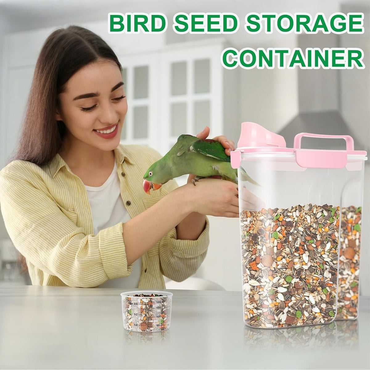 Pet Dog Cat Food Storage Container 5 to 7 lbs with Can Cover and Mixing Spoon, Airtight Pet Food Storage Dispenser with Large Spout & Measuring Cup for Kibble Dog Treat Bird Seed Container -Pink