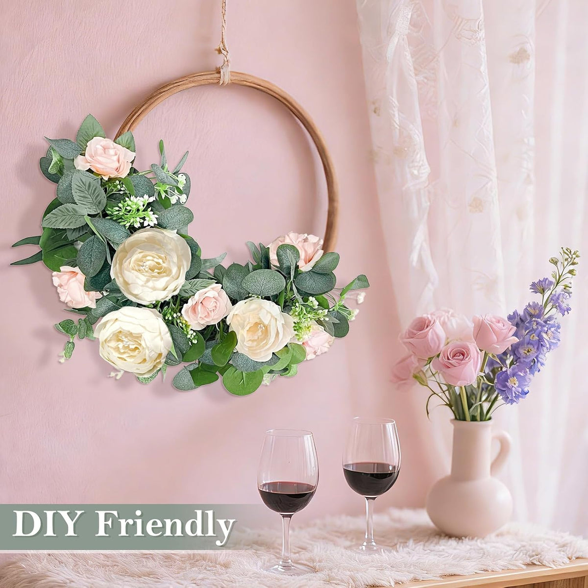2 Pack Artificial Eucalyptus Flower Garland with 16 White Peony Pink Rose, 13Ft Baby Breath Fake Flowers Greenery Garland Floral Vine for Mantle Wedding Table Runner Centerpiece Backdrop Home Decor