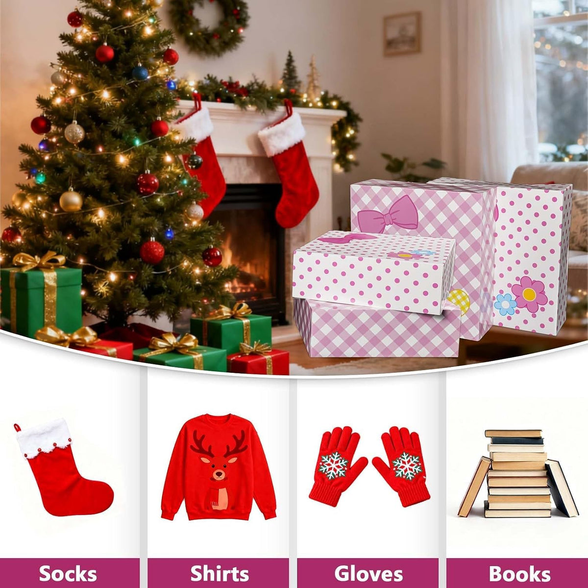 6Pcs Designed Gift Boxes With Lids,Bow Pattern Shirt Box, 12 * 12 * 4Inch Extra Large Pink and White Medium Clothes Gift Box for Valentine's Day Christmas Graduation Birthday Wedding
