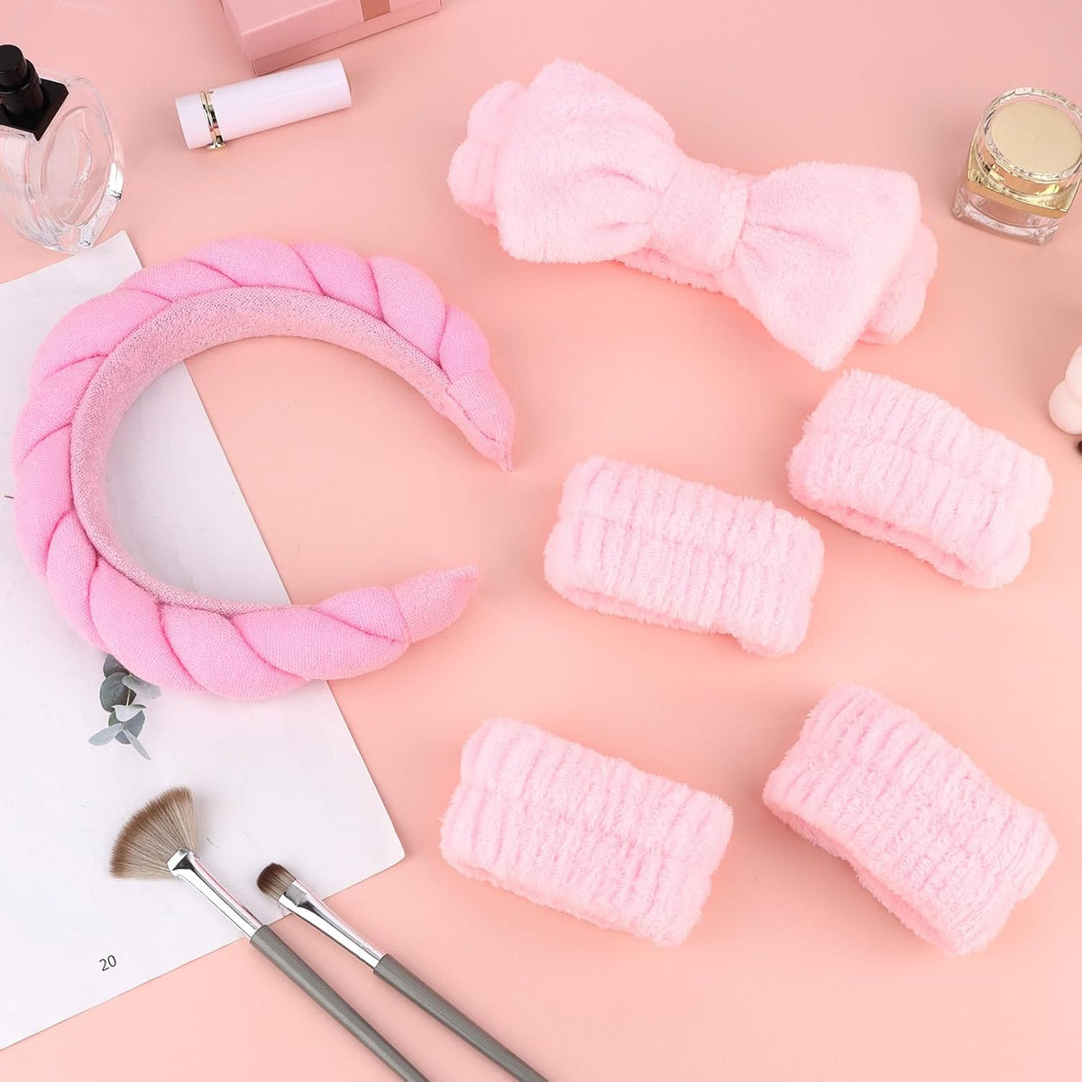 Wecoe Pink Spa Headband & Wristband Set Makeup Facial Skincare Headbands for Washing Face Get Ready Puffy Bow Hair Band Wristbands Cute Hair Accessories for Women Girls Spa Gifts