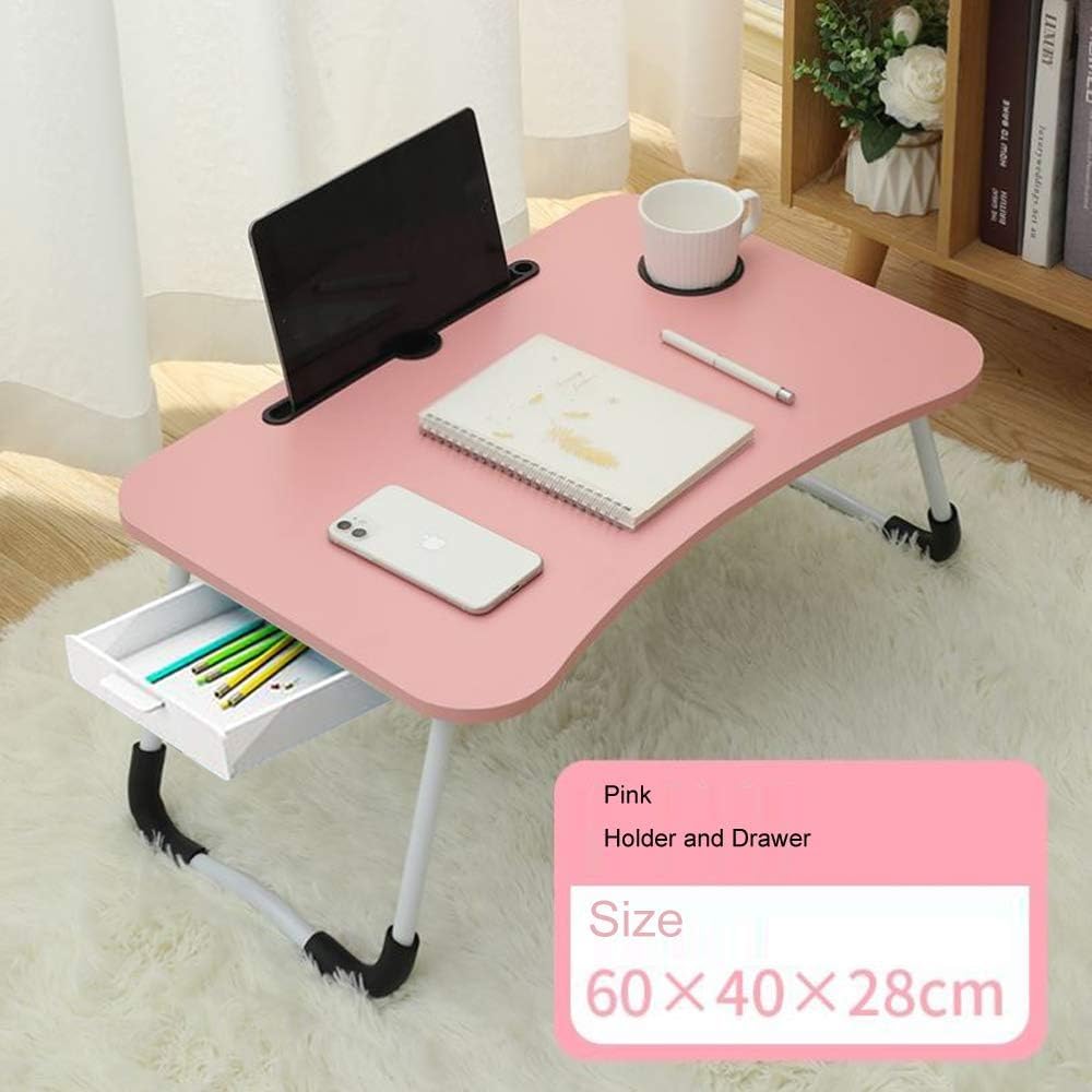 Lap Desk with Storage Drawer, Holders for Cup and Tablet for Kids and Adults, Tray Table with Foldable Legs, Laptop Bed Stand, Portable Standing Table for Sofa Couch Floor (23.6", Pink)