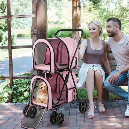 Double Dog Stroller, Foldable Pet Stroller for 2 Dogs & Cats Small Medium Sized with Detachable Carrier on Wheels, Ideal for Car Seat Walking Camping Travel (Pink)