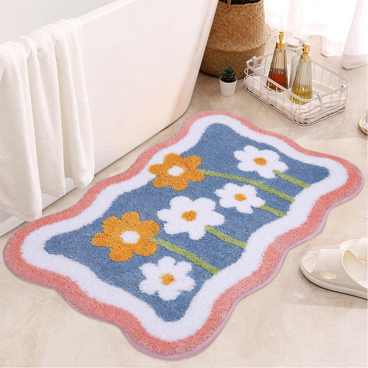 Bathroom Rugs 31.5x19.7IN Pink Floral Bath Mat for Bathroom Non Slip Machine Washable Soft Absorbent Cute Bath Rug Plush Bath Carpet for Tub Shower Sink Fluffy