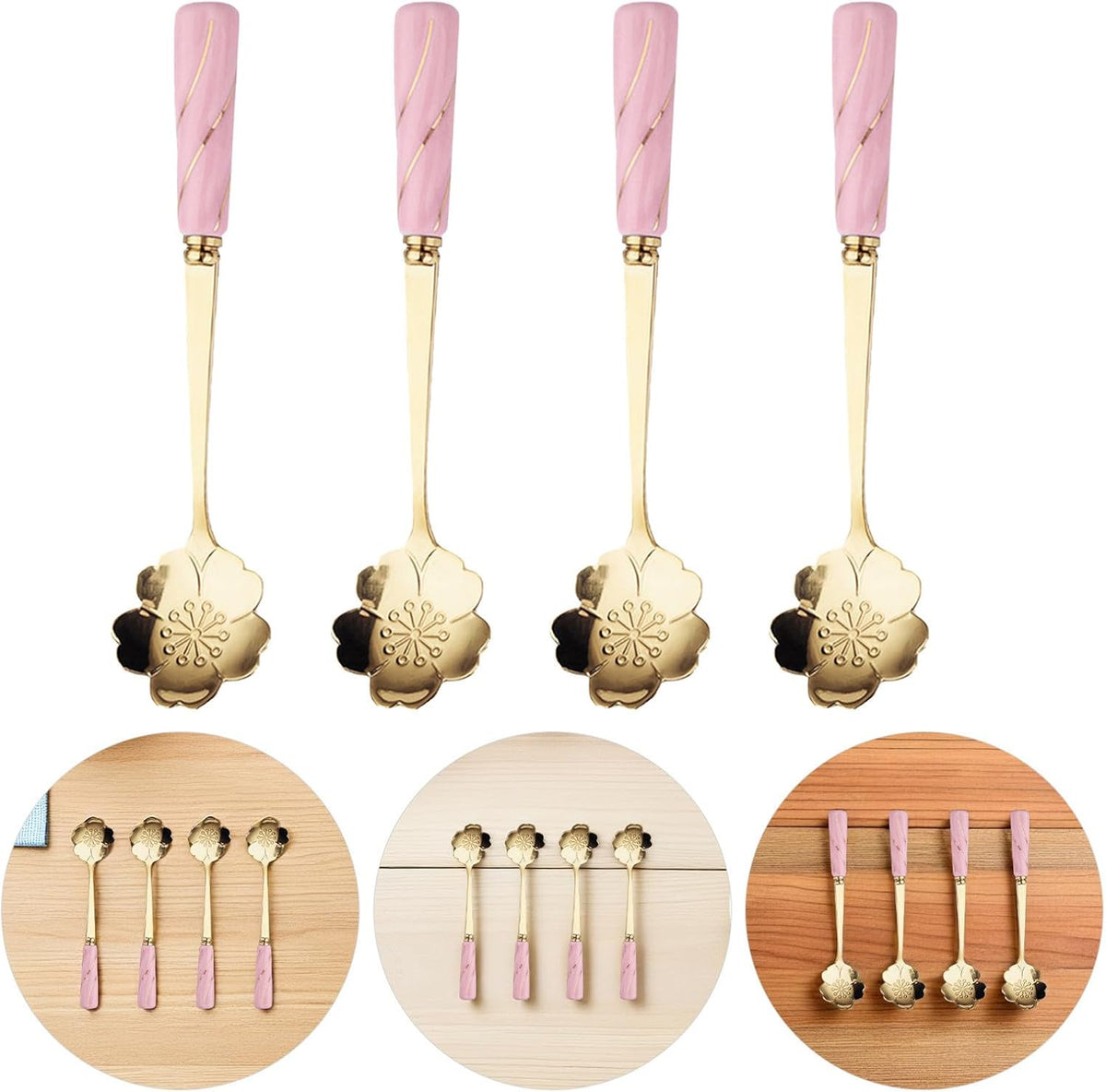 Creative Flower Shaped Dessert Spoons 4Pcs Stainless Steel and Ceramic