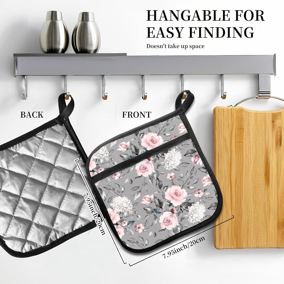 2 Pack Pot Holders for Kitchen Clearance, Cute Hot Pads, Funny Oven Pot Holders, Potholders Sets for Kitchen Heat Resistant Grey Pink Flowers