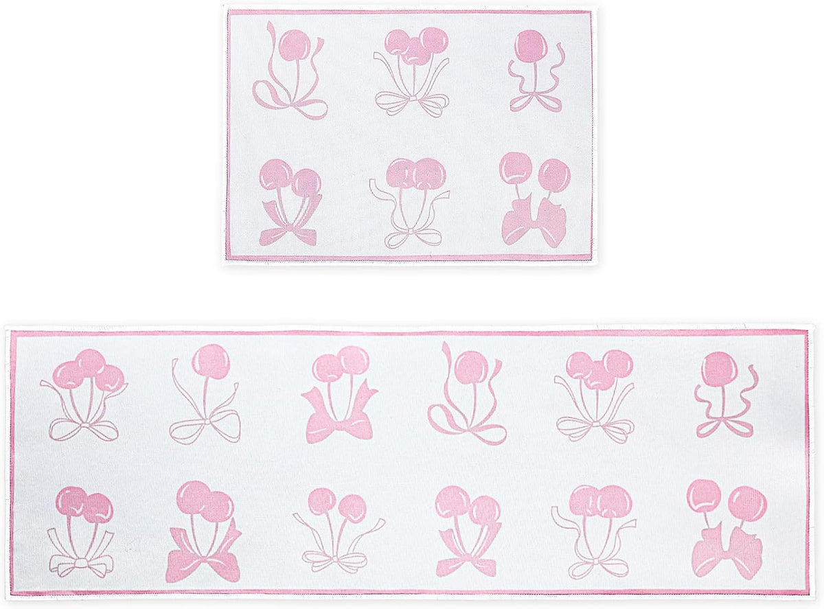 Pink Bow Kitchen Rug Mat 2 pcs, Non-Slip Kitchen Rug Waterproof Decorative Anti-Fatigue Floor Mats for Cooking, Dining, Floor, Sink, 17"x47.2"+17"x30" (Pink Row)