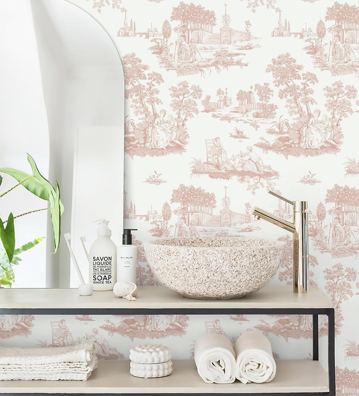 Pink Toile Peel and Stick Wallpaper Vintage Contact Paper Self Adhesive Waterproof Removable French Wall Paper for Cabinets Shelf Drawer Bedroom Bathroom 17.3''x78.7''