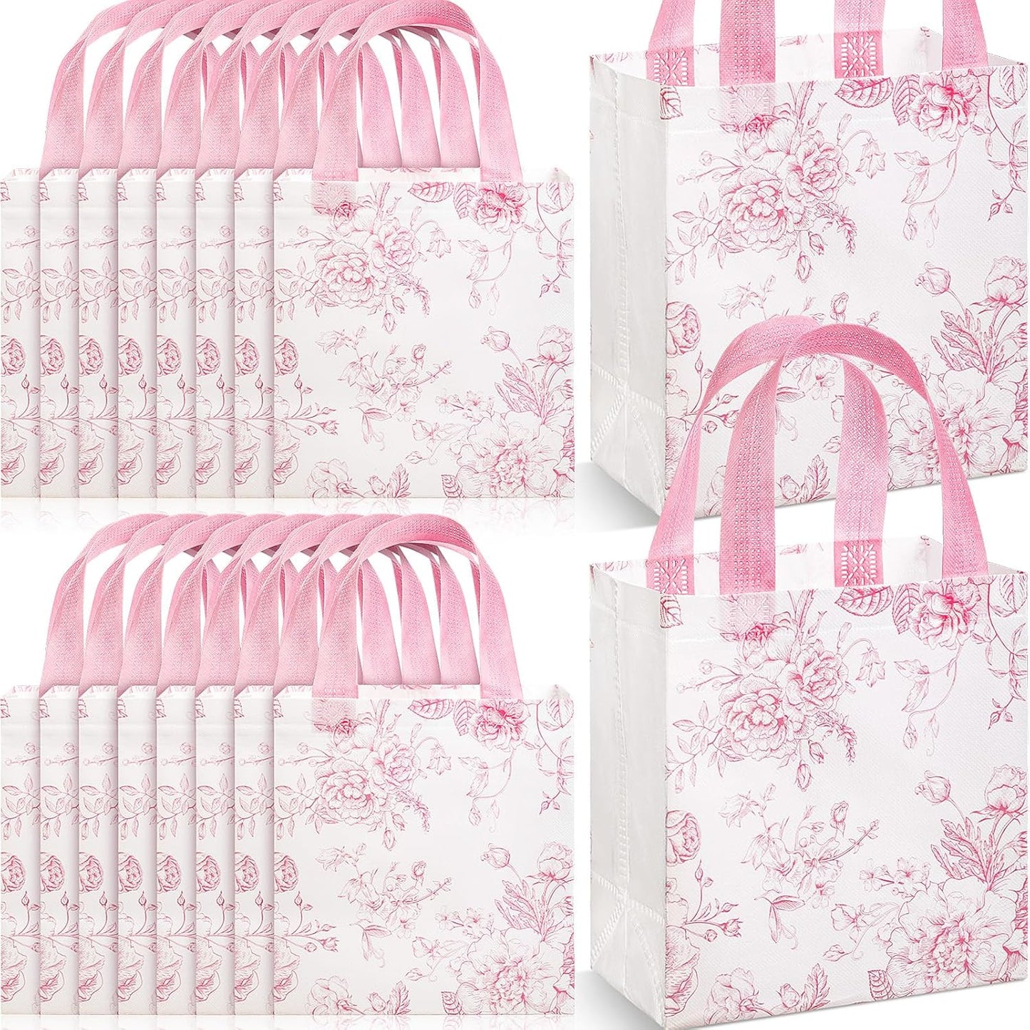 16 Pcs Pink Floral Gift Bags with Handles, Reusable Non-woven Tote Bags, Cute Flower Party Favor for Women, Wedding, Birthday, Baby Shower, Bridal Shower