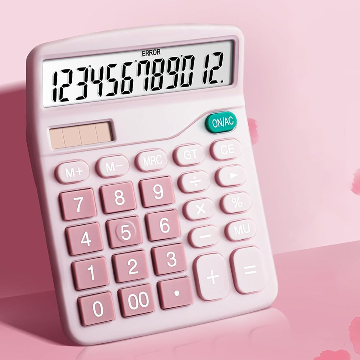 Calculator, 12 Digit Large LCD Display and Sensitive Button, Solar Battery Dual Power Office Calculator, Pink