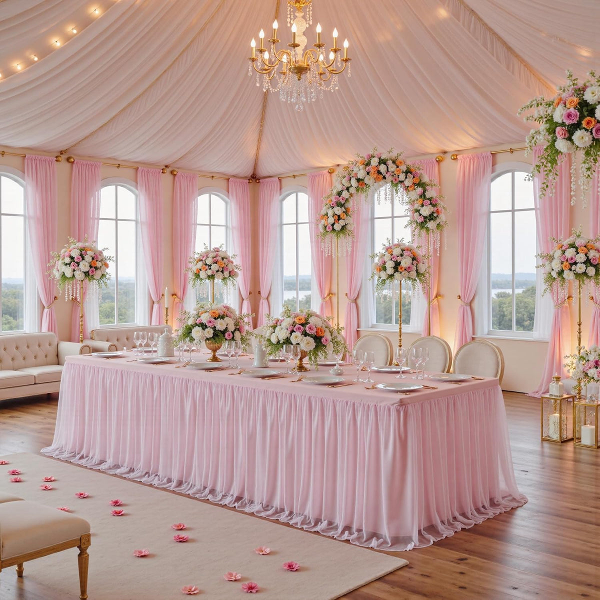 Pink Table Cloths 6 Foot Rectangle 2 Pack Stretch Ruffle Tulle Tablecloth Spandex Fitted Table Cover for 6 Foot Tulle Table Skirts for Party Wedding Table Cloths, Banquets