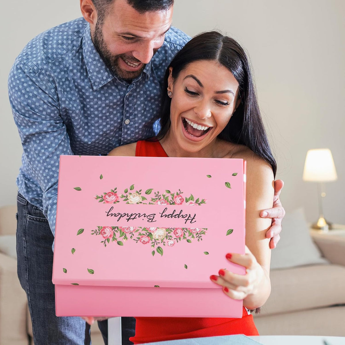 13 Inch Large Luxury Birthday Gift Boxes with Lids for Presents Pink Bow Ribbon Floral Style Gift Box Empty for Birthday, 13.5 x 10 x 4 Inches