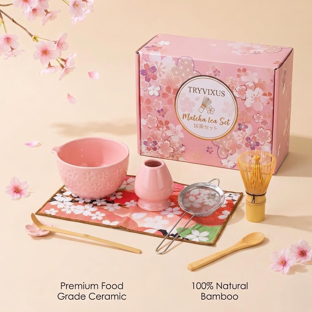 Matcha Whisk Set of 8 Pieces with Ceramic Bowl, Bamboo Chasen,Tea Whisk Stand,Sifter,Spoon,Scoop & Stand, Towel,Complete Matcha kit (Pink)