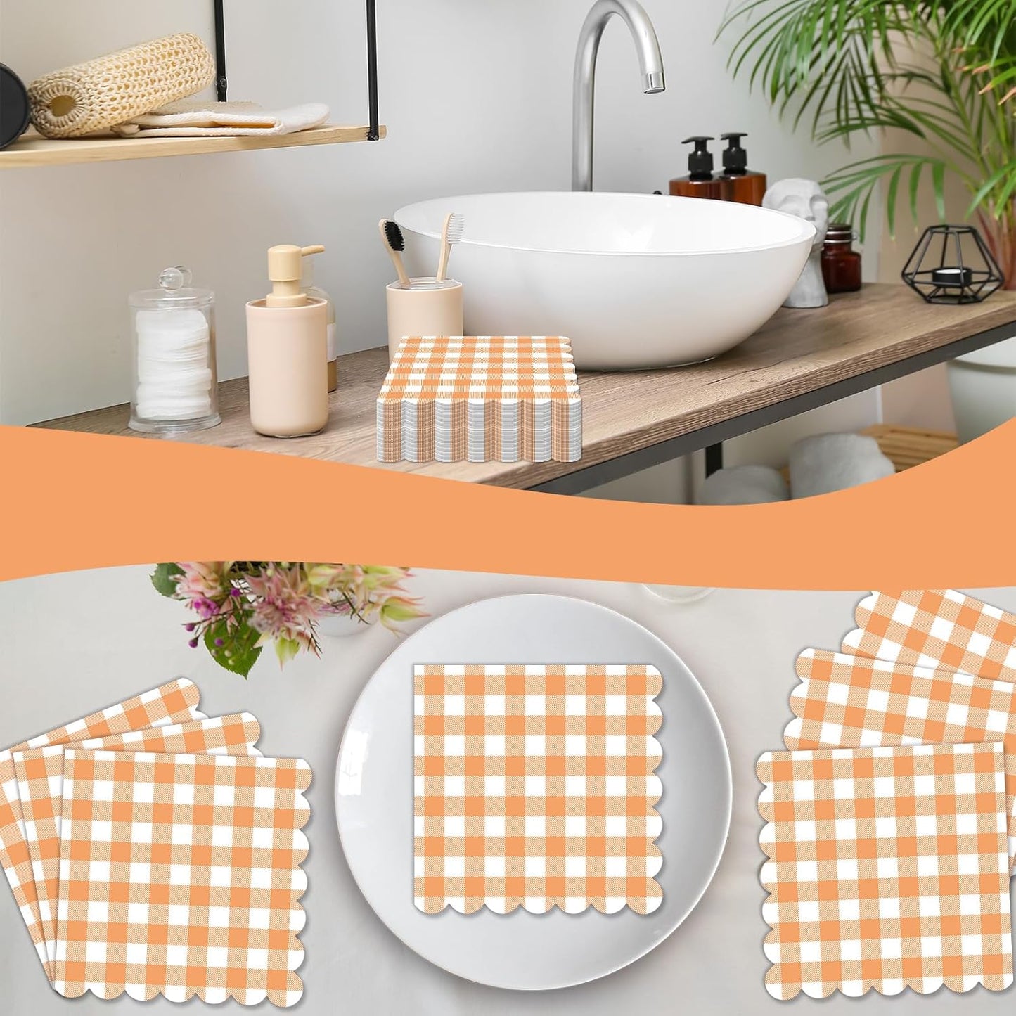 100Pcs Fall Orange and White Scalloped Napkins 6.5in Plaid Paper Decoration Party Supplies Orange Checkered Dessert Disposable Napkins for Boys Wedding Birthday Baby Shower Picnic Party Favor