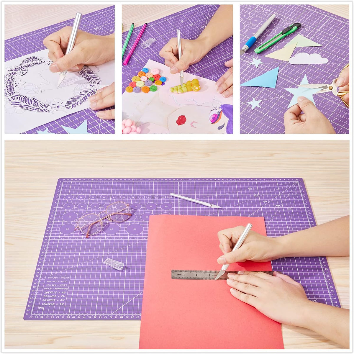 18"x24" Thickened Self Healing Cutting Mat, A2 Rotary Cutting Sewing Mat for Crafts, Double Sided 5-Ply Table Cutting Board for Fabric Quilting Patchwork Arts Hobby Project, Pink/Purple
