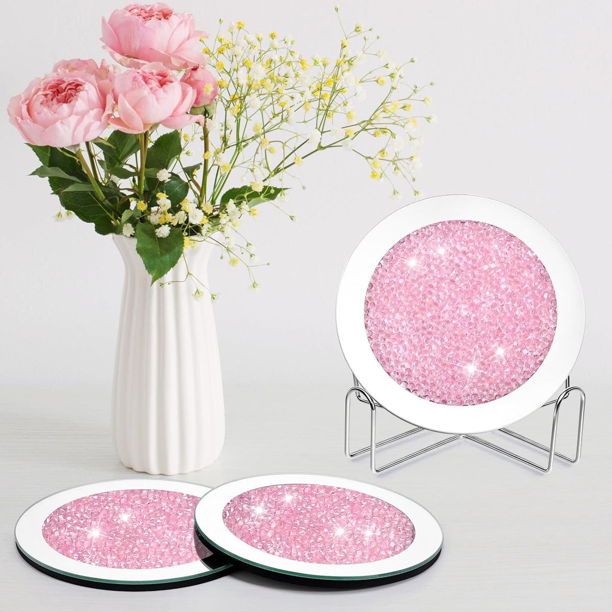 Mirrored Glass Coaster Set of 6 with 1 Holder 7" Crushed Diamond Round Cup Mat Glitter Crystal Rhinestone Glass Coaster Bling Table Decor for Bar Kitchen Gift for Christmas(Pink)