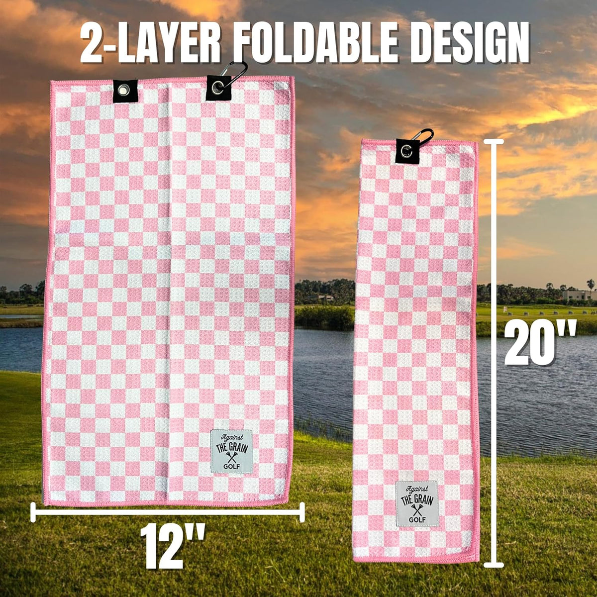 Microfiber Pink Golf Towel for Golf Bags Women with Clip - (12"x20") Blue & White Checkered Design Golf Club Towel, Womens Golf Towel, Golf Gifts for Women, Pink Golf Accessories