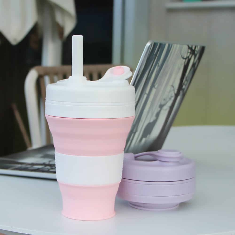 Silicone Coffee Cup with Straw lid Collapsible Cups for Traveling 20oz Lightweight Folding Water Mug for Picnic Hicking Camping Climbing