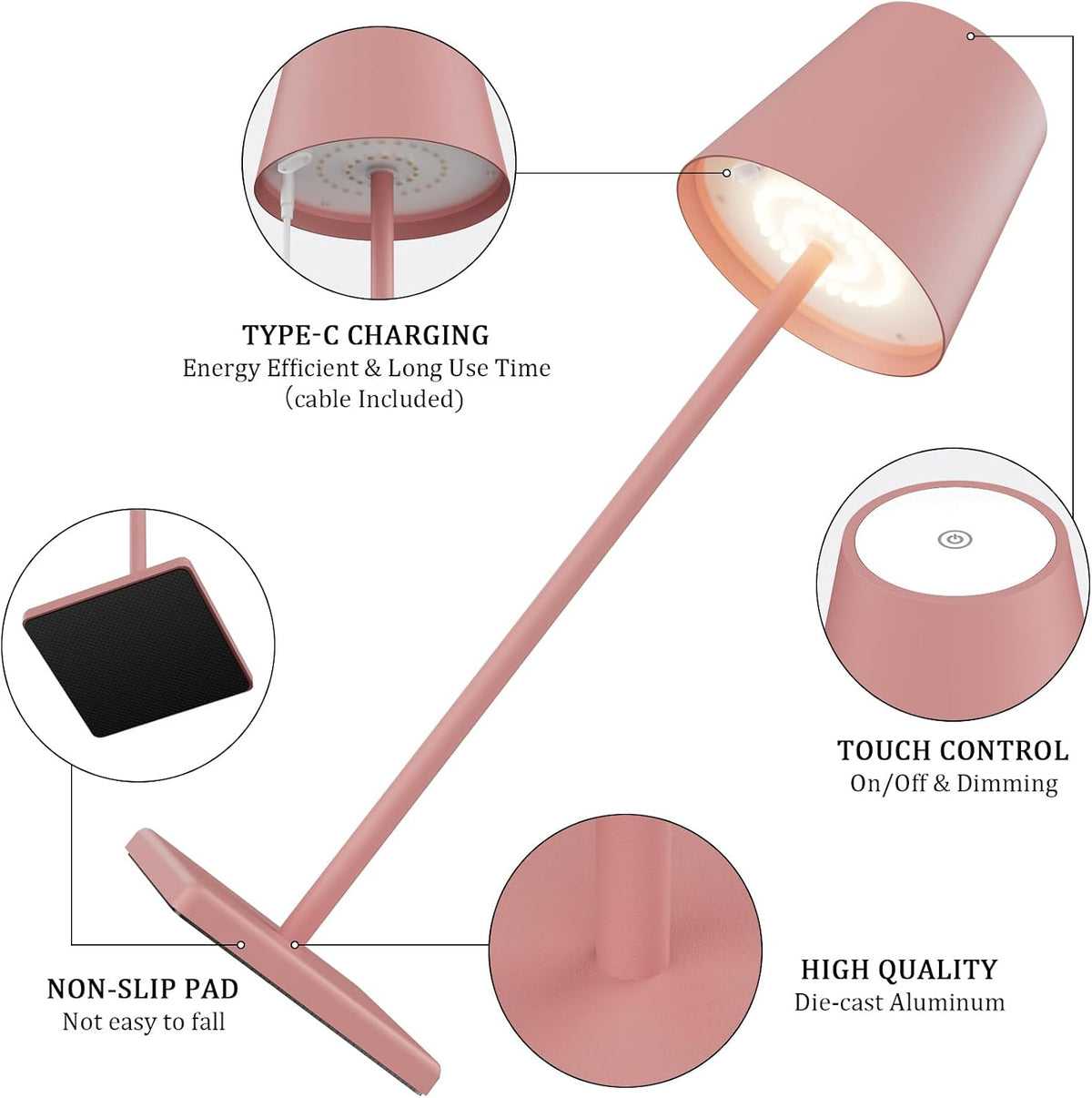 Pink Cordless Table Lamp, 5000mAh Portable LED Rechargeable Lamp
