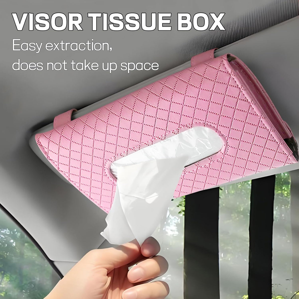 Car Tissue Holder, PU Leather Sun Visor Tissue Box (Plaid-Pink)