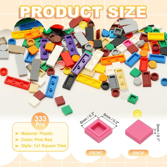 333 Pcs Flat Blocks Bulk, 1x1 Square Pink Red Classic Tiles Smooth Surface Mini Building Blocks Accessories Compatible Bricks Kits for Building Floor Walls Mosaic Pixel Arts
