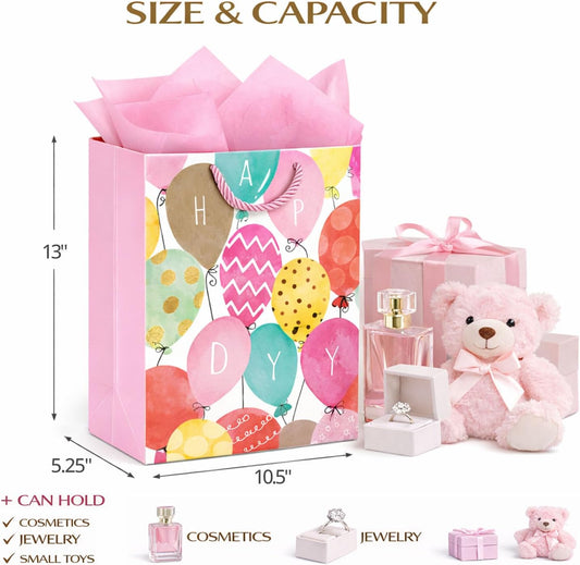 Pink Birthday Gift Bags for Women Girls Teens, 2 Pack Medium, Tissue Paper | Pastel balloon & floral-star designs; pink & purple tissue paper included; thick cardstock with reinforced bottom keeps shape