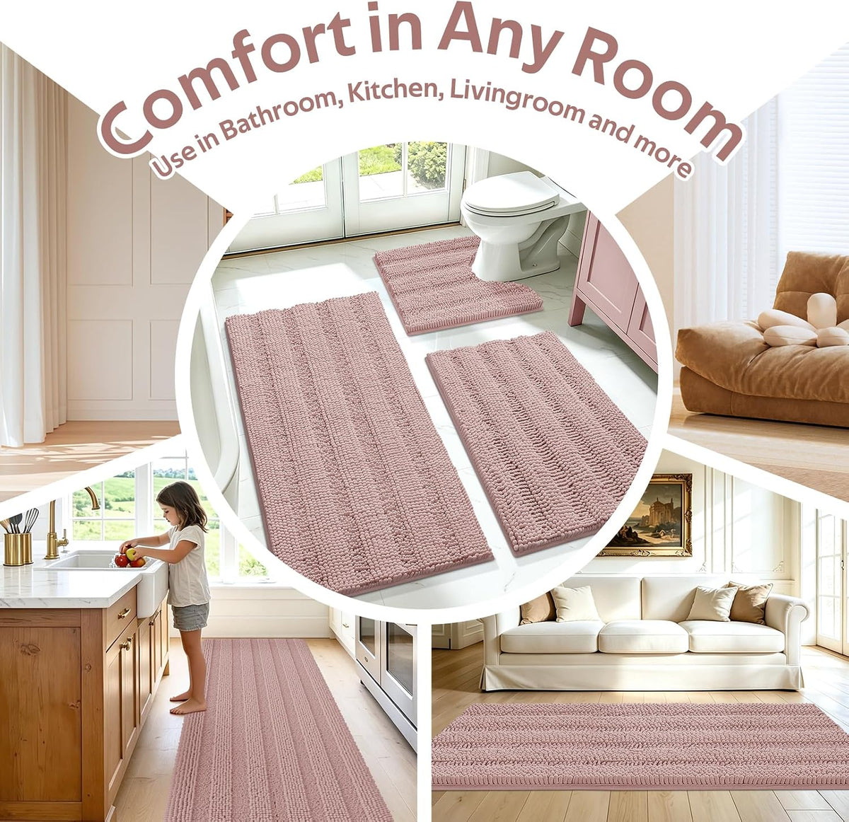 Striped Dusty Pink Bathroom Rug Set 3 Pieces Ultra Soft, Non Slip Chenille Bath Carpet, Absorbent Plush Shaggy Bath Mats for Bathroom, Toilet, Bedroom, Kitchen