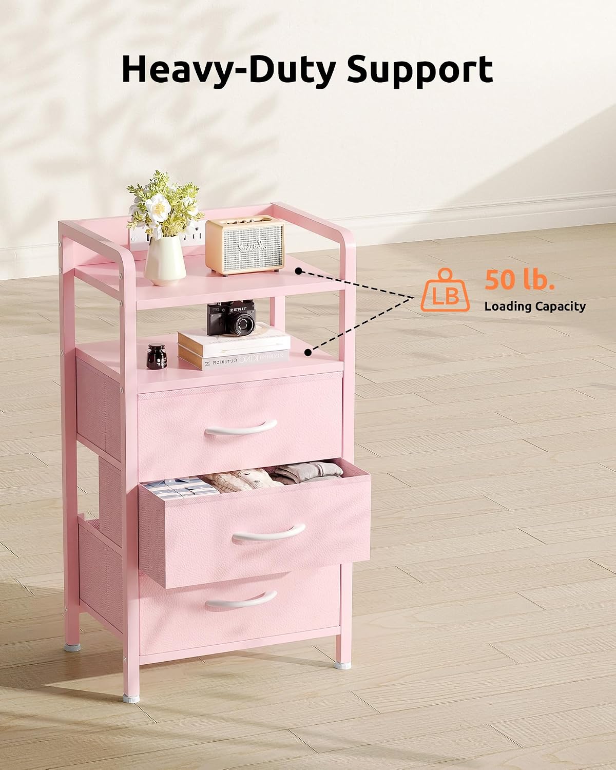 Nightstand with Rear Charging Station, LED Light, 3 Drawers, Pink
